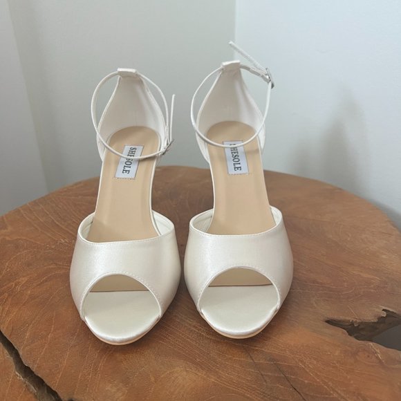 Satin Peep Toe Heels, Perfect Bridal Shoe with Ankle Strap - Picture 6 of 7